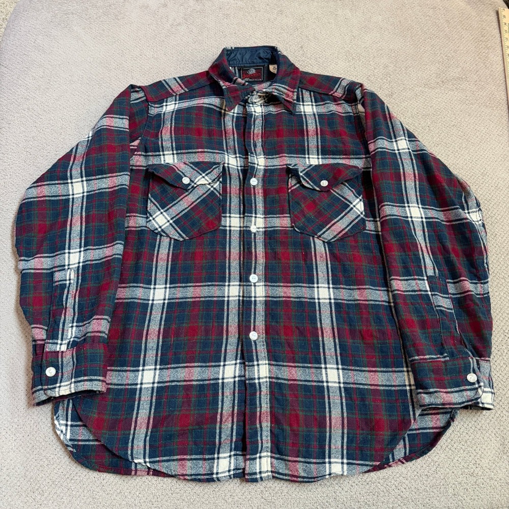 Vintage 1970s Johnson Woolen Mills Plaid Wool Flannel Shirt Mens Large Red Navy